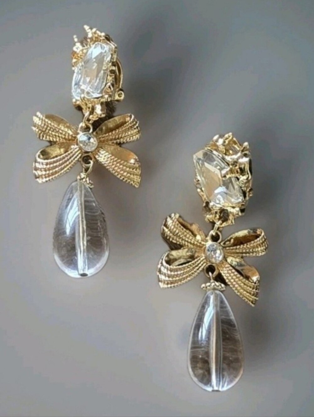 Vtg 80s 90s Bow Teardop Clip-On Dangle Earrings, Party, Romantic